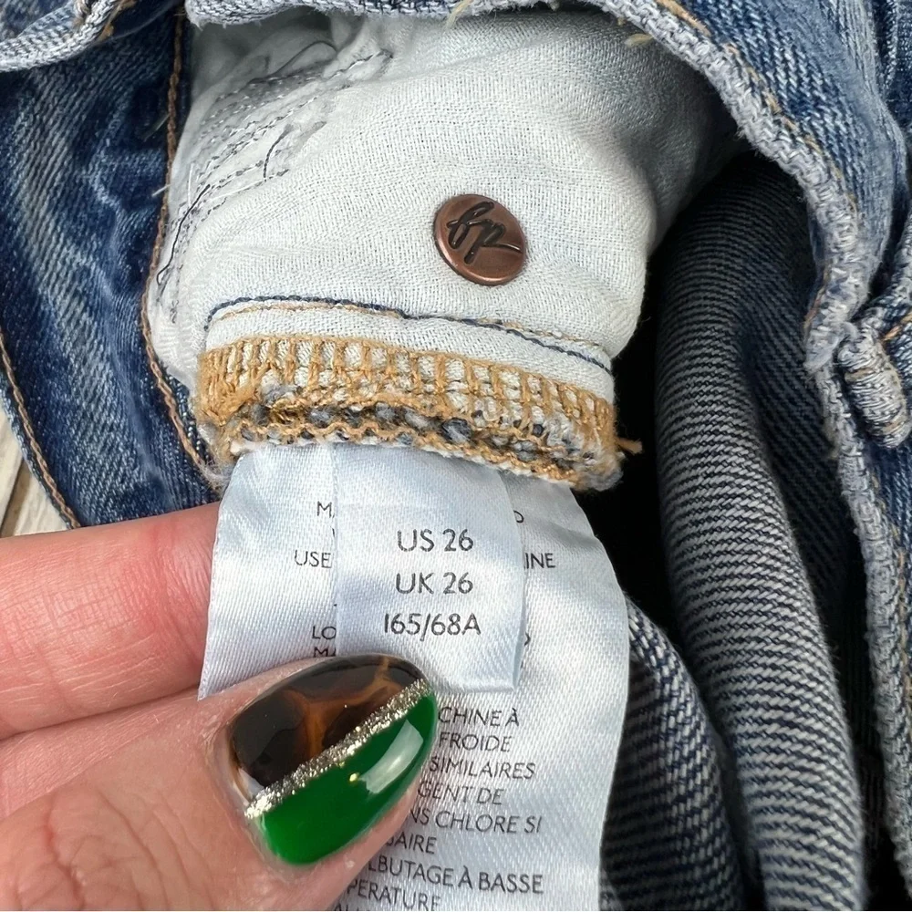 Free People McCoy Destroyed Patch Straight Leg Jeans 26 Tattered Blue $148